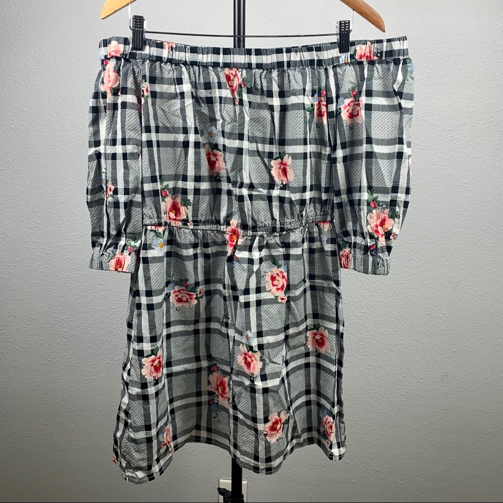 H&M Divided Plaid & Floral Off-Shoulder Mini Dress - Size L (NWOT) - Picture 4 of 8